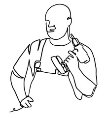 building, renovation, technology, electricity and people concept - builder with screwdriver. illustration isolated on white background. Continuous line drawing. Vector monochrome, drawing by lines