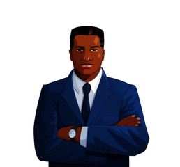 Vector illustration of confident young black businessman cross-armed  in the blue suit.