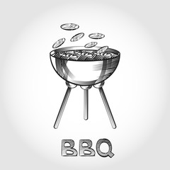 Bbq vector hand drawn set. Grilled meat,chicken, shrimp, burger, french fries for barbecue party. Grill set for bbq, barbecue sausage picnic drawing.