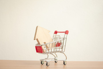 House in a shopping cart on white wall background. Housing, mortgage, rent, sale of housing. Loan...