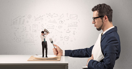 Big businessman eating small one with doodled reports, charts and graphs concept