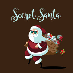 Secret Santa design with Cartoon Santa Claus delivering gifts while tiptoeing. Eps10 vector illustration.