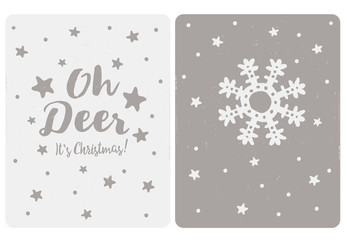 Set os 2 Cute Simple Christmas Vector Cards. Light and Dark Gray Grunge Simple Design. Snow Flake, Stars and Snow. Oh Deer It's Christmas Text.