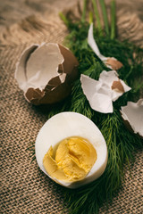 Baked eggs on wooden background