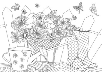 Fototapeta premium rustic landscape with blossom gardening equipment and pretty birds in for your coloring book