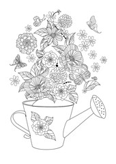 lovely flowers arrangement in watering can for your coloring page