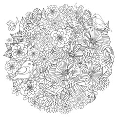 round frame with birds in fancy flowers for your coloring book