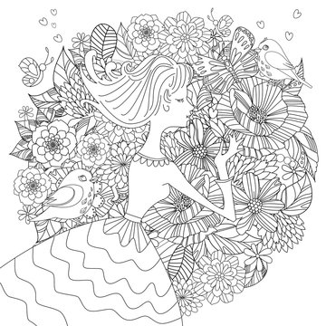 fancy pretty girl with flowers and birds for your coloring book