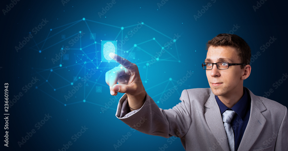 Poster Man accessing modern hologram personal database with fingerprint identification