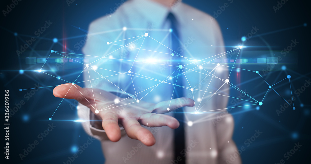 Aufkleber Handsome person holding hologram screen displaying modern cloud based web system technology
