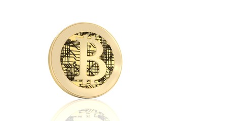 Isolated bitcoin standing on plexiglass 