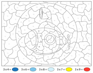 Cartoon submarine. Math activity worksheet. Multiplication table. Color by number educational game