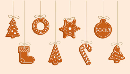 Gingerbread. Christmas symbols hanging. Garland with new year objects.