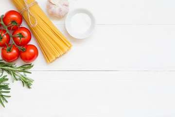 Fototapeta na wymiar Spaghetti ingredients concept on white background, top view