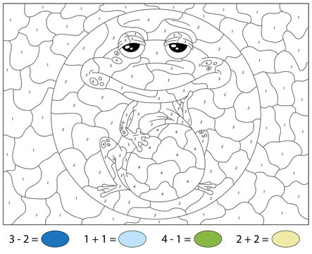 Cartoon frog. Addition and subtraction tasks. Color by number educational game