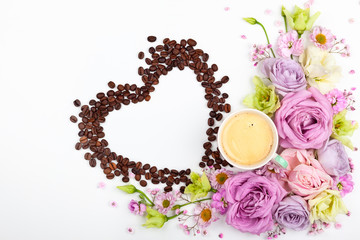 Valentine day greeting card with flowers and cup of coffee.