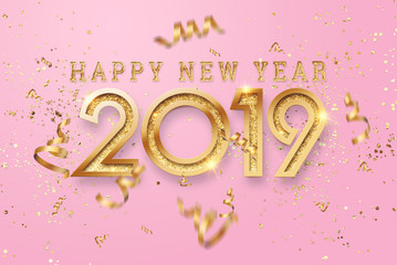 Creative, new design inscription 2019 gold numbers on a pink background. Happy New Year. Merry Christmas.