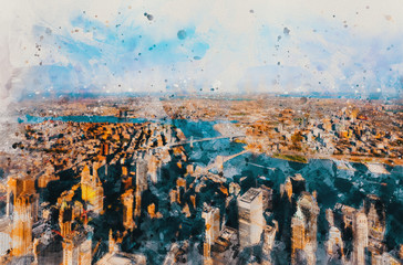 Obraz na płótnie Canvas Aerial view of New York City with a view of the Brooklyn and Manhattan Bridges watercolor painting