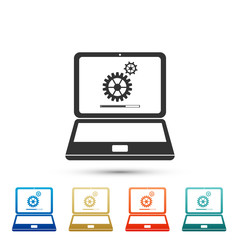 Laptop update process with gearbox progress and loading bar icon isolated on white background. System software update. Loading process in laptop screen. Colored icons. Flat design. Vector Illustration