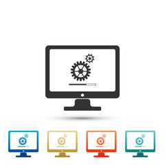 Monitor update process with gearbox progress and loading bar icon isolated on white background. Computer display. System software update. Loading process in monitor screen. Vector Illustration