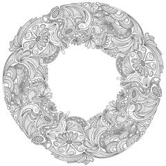 Vector decorative line art frame for design template. Elegant element for design, place for text. Outline floral border for anti stress coloring. Lace illustration for invitations and greeting cards