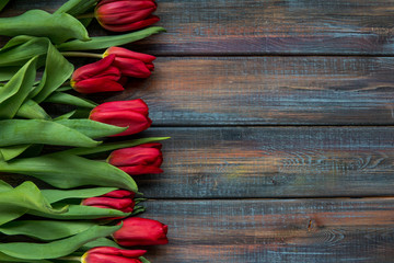Red tulips top view with copy space.
