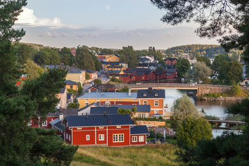 Fototapeta na wymiar Panoramic views of the city of Porvoo and its colorful wooden houses in traditional Scandinavian style. Photo taken August 2017. 