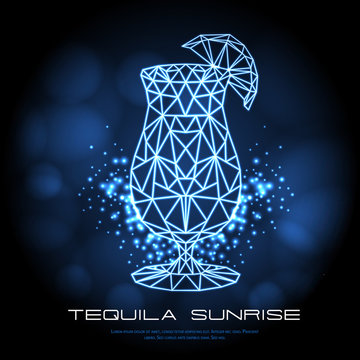Hipster polygonal cocktail tequila sunrise neon sign. Triangle cocktail
