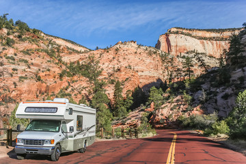 Motorhome along a road through Zion National Park, USA