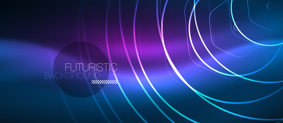 Neon glowing lines, magic energy space blue light concept, abstract background wallpaper design