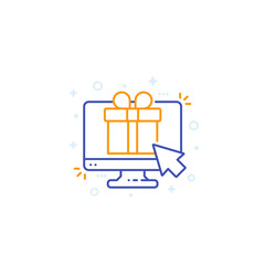 gift box on screen, e-commerce line icon