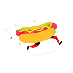 Icon running hot dog. Vector. Logo for fast food and food delivery. Funny illustration of a sandwich with sausage. Cartoon badge, emblem for the company. Sticker and mascot for the store site.