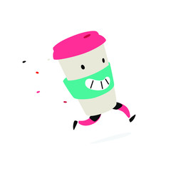 Character running glass. Vector. Logo for coffee shops and fast food. Funny illustration of a plastic cup. Cartoon badge, emblem for the company. Sticker and mascot for the store site.