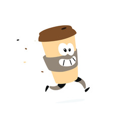 Icon running character glasses. Vector. Logo for coffee shops and fast food. Funny illustration of a cardboard cup. Cartoon badge, emblem for the company. Sticker and mascot for the store site.