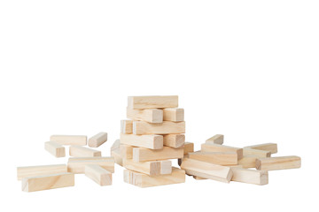 Pile and scattered wooden blocks isolated on white background. Copy space.