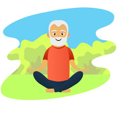Happy old men dressed in sports clothing practicing yoga exercises. Cute grandfather. Active elderly man. Cartoon character. Vector illustration