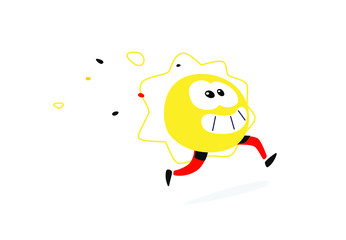 Illustration of a running sun. Vector. Round face with legs. Cartoon flat style. Yellow sun character for company and logo. Brand company. Fun positive icon.