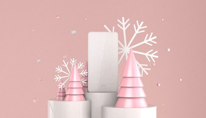 christimas winter theme, 3d render illustration ,phone space for text,pink background