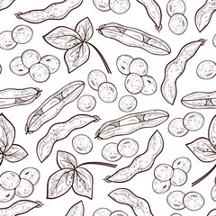 Soy. Plant. Stem, flower, leaf, fruit, pod. Monophonic. Background, wallpaper, seamless, texture. 