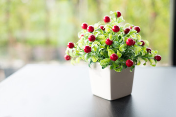 Plastic artificial Cherry bonsai tree in white pot, decoration for  natural and relaxing in home, office ,coffee shop.