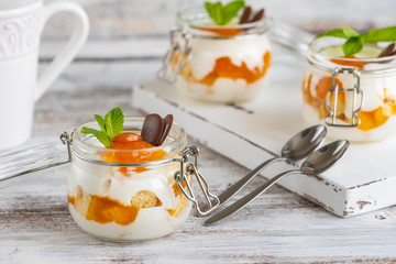 Trifle with apricot jam and cream