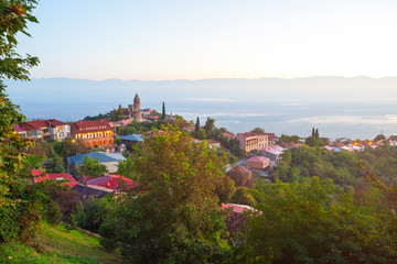 Signagi or Sighnaghi city in Kakheti region in Georgia, sunrise in Sighnaghi