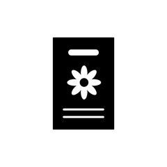 Black & white vector illustration of seed pack of flowering houseplant. Flat icon of home plant seeds in paper packet with floral ornament. Isolated object