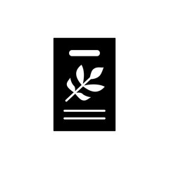 Black & white vector illustration of seed pack of green foliage houseplant. Flat icon of home plant seeds in paper packet with floral ornament from leaves. Isolated object