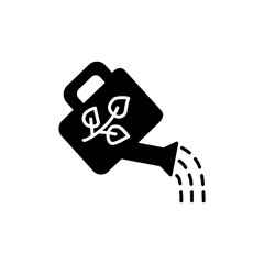 Black & white vector illustration of watering can with floral ornament from leaves. Watering pot for home plants. Flat icon of garden tool. Isolated object