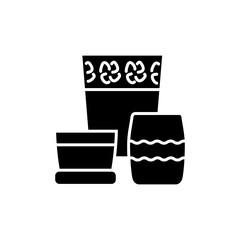 Black & white vector illustration of pots & containers for home plants. Flat icon of decorative planters & boxes. Gardening accessories. Isolated object