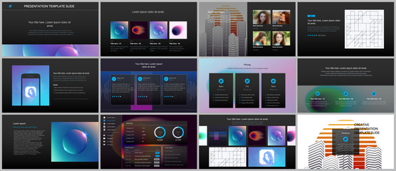 Minimal presentations, portfolio templates with colorful gradient blurs and geometric backgrounds. Brochure cover vector design. Presentation slides for flyer, leaflet, brochure, report, advertising.