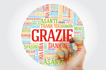 Grazie (Thank You in Italian) Word Cloud with marker, all languages