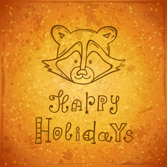 Festive banner in vintage style. Cute raccoon wishing happy holidays. Hand-drawn vector card on a Christmas theme.