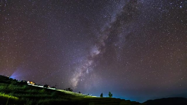 Time lapse of Milky Way Galaxy over hut on paddy rice field  at night sky.